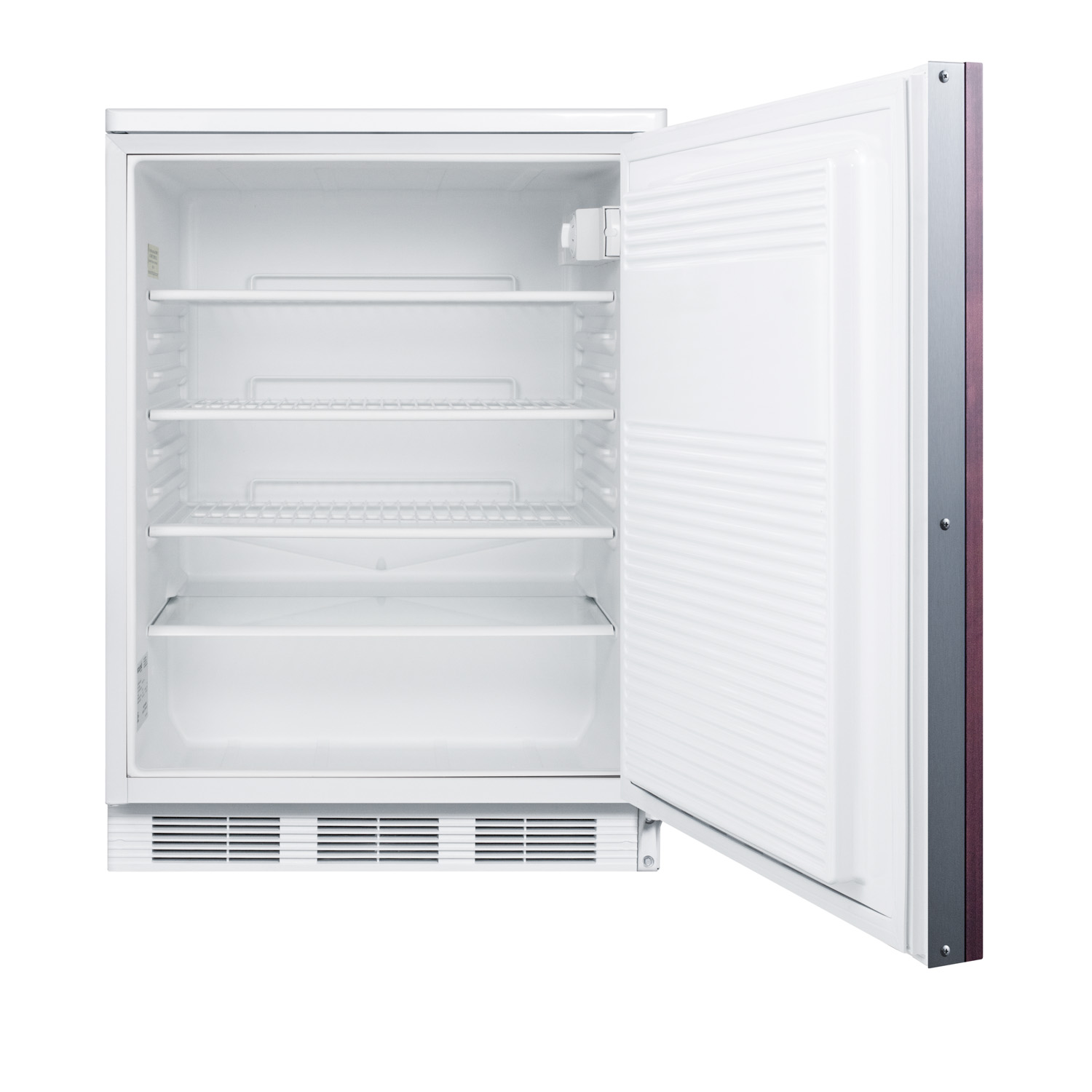 Commercially listed built-in undercounter all-refrigerator for general purpose use, auto defrost w/lock, integrated frame for overlay panels, white cabinet